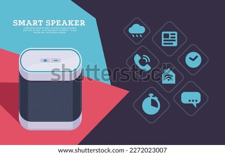 Smart home assistant. Artificial intelligence voice controlled device with various apps, wireless speaker gadget for landing page design. Vector illustration of smart assistant for home