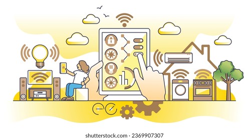 Smart home assistant for effective house control automation outline concept. Use app software for lighting, thermostat, security and appliances monitoring vector illustration. Modern IOT technology.