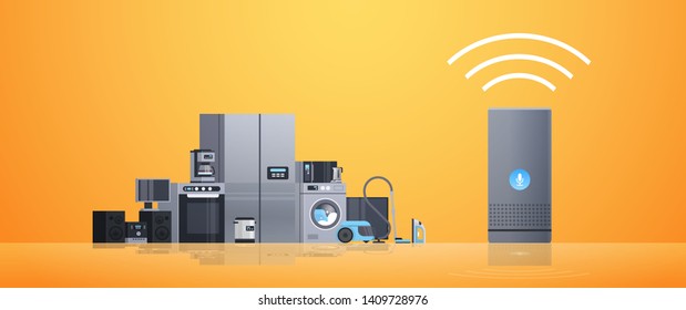 smart home assistant intelligence speaker controlling different home appliances devices network concept flat