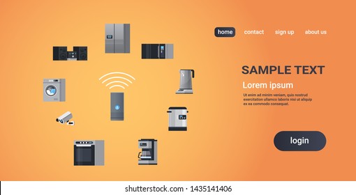 smart home assistant intelligence speaker controlling home appliances devices network concept flat copy space