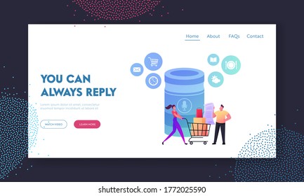 Smart Home Assistant Intelligence Technology Landing Page Template. Characters with Shopping List and Trolley at Smart Speaker with Voice Control Internet of Things. Cartoon People Vector Illustration