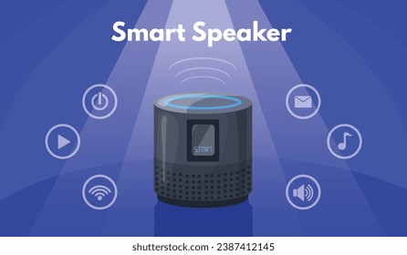 Smart home assistant. Iot speaker voice control sound signal command recognition, ai device connected internet hub, music audio system digital automation, neat vector illustration of iot smart voice