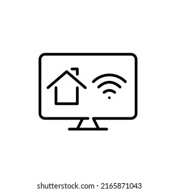 Smart home automated technology control app on monitor. Pixel perfect, editable stroke line icon