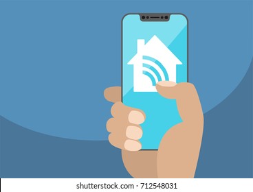 Smart home automation app with hand holding bezel-less smartphone. Vector illustration with wireless house icon on frameless touchscreen