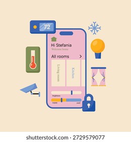Smart Home Automation App Interface on Smartphone with Control Icons for Temperature, Lighting, Security Camera and Lock. Flat Vector Illustration of Internet of Things IoT System Concept.