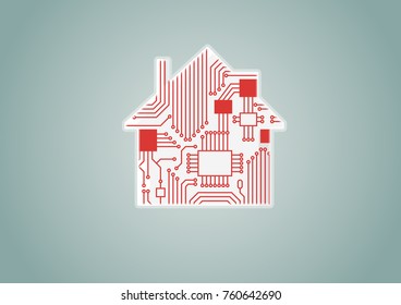 Smart home automation concept as example for digitization- vector illustration of digital house with circuit board.