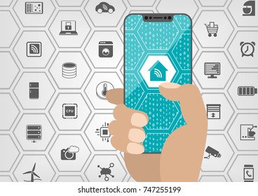 Smart home automation concept with house symbol displayed on frameless touchscreen of modern bezel free smartphone with various icons of connected home devices.