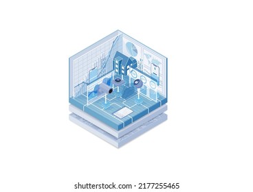 Smart home automation concept. Vector illustration of an isometric cube. Symbols of connected home appliances as example for digitization.