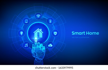 Smart home. Automation control system concept. Futuristic interface of smart home automation assistant on a virtual screen. Robotic hand touching digital interface. Vector illustration.