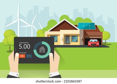 Sistema de control de energía de automatización del hogar inteligente en pantalla de dispositivo de tableta en manos del hombre concepto de vector o seguridad de construcción a distancia tecnología moderna con tecnología de innovación de energía solar y eólica