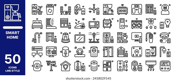 Conjunto de iconos de automatización del hogar inteligente con estilo de línea. Contiene 50 iconos de Vector.