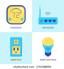 Smart home automation icons set in flat style. Climate control, wifi router, socket and light bulb symbols. Vector illustration.