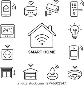 Smart home automation icons set with connected devices automation technology connected security internet monitoring wireless thermostat doorlock residential interface electronic hardware