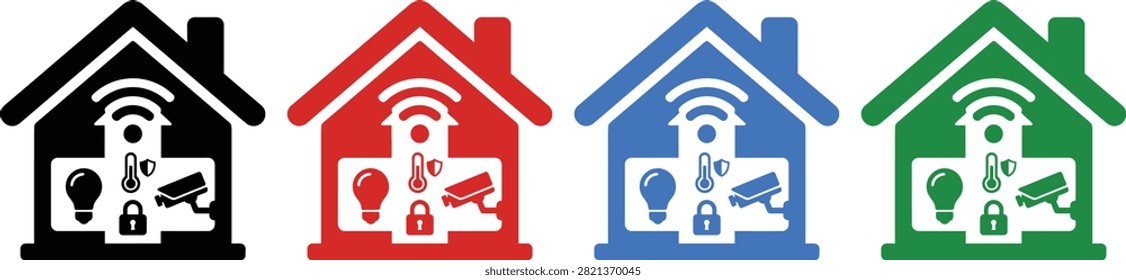 Smart home automation interface icons including wifi connection thermometer surveillance camera light bulb and padlock symbols inside house silhouette four colors.