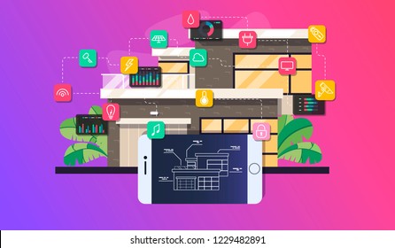 Smart home automation and internet of things illustration with icons of house and appliances connected, flat style