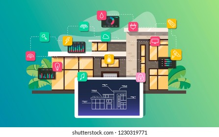 Smart home automation and internet of things illustration with icons of house and appliances connected, flat style