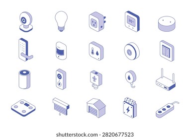 Smart home automation and internet of things isometric icon set. A set of monochromatic blue isometric icons depicting various smart home automation and internet of things devices. Ideal for technology blogs, app UI design, or smart living presentations.