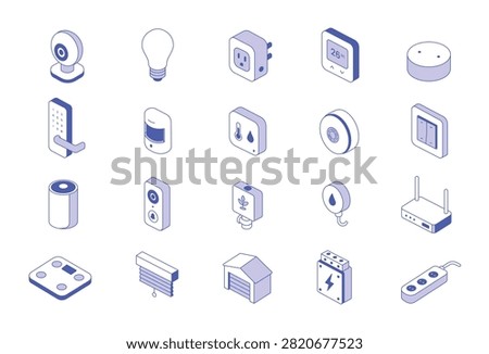 Smart home automation and internet of things isometric icon set. A set of monochromatic blue isometric icons depicting various smart home automation and internet of things devices. Ideal for technology blogs, app UI design, or smart living presentations.