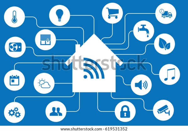 家とアプライアンスのアイコンが接続されたスマートなホームオートメーションとインターネット Iot イラスト フラットなスタイル のベクター画像素材 ロイヤリティフリー