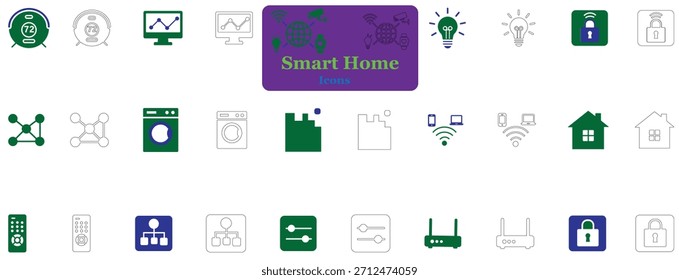 Smart Home Automation y IoT Vector Icon Set. Símbolos de estilo de glifo sólido de seguridad, dispositivos, red y Tecnología para el diseño App de la interfaz de usuario.