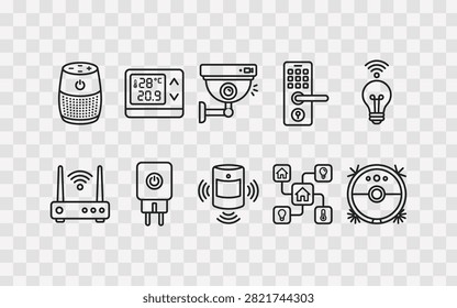 Smart home and automation line icons collection, featuring voice assistant, thermostat, security camera, smart door lock, light bulb, router, smart plug, motion sensor, network hub and robot vacuum