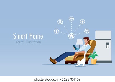 Smart home automation. Man using smart phone control home electronic appliances. Intelligent wireless home technology online connecting home electronics equipment. 