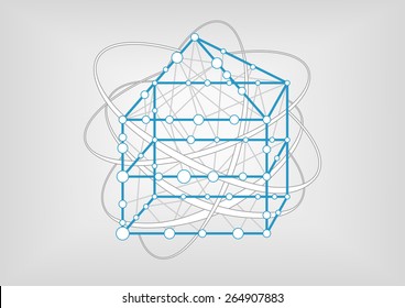 Smart home automation simple vector illustration. Blue outline of house with connections between rooms and devices