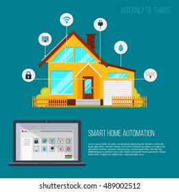 Smart home automation system. Smart house technology system with centralized control from your tablet. Internet of things. Flat design style vector illustration with technology icons and gadgets.