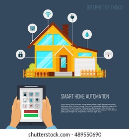 Smart home automation system. Smart house technology system with centralized control from your tablet. Internet of things. Flat design style vector illustration with technology icons and gadgets.