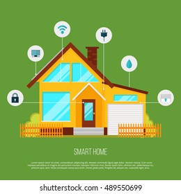 Smart home automation system. Smart house technology system with centralized control from your watch, computer, mobile phone and tablet. Internet of things.Vector illustration with technology icons.