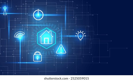 Intelligente Wohnautomatisierungstechnik mit Ikonenhaussystem. Vektor mit blauem Hintergrund