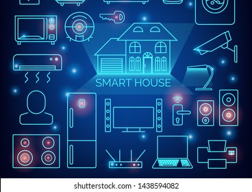 Smart home automation vector background. Connected smart home devices like phone, smart watch, tablet, sensors, appliances. Network of connected devices with flat design