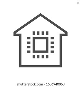 Smart home or home automation vector icon consist of home or house and microchip. Technology processor to monitoring, control system of electricity, energy, security i.e. thermostat, camera. 48x48 px.