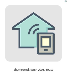 Smart home or home automation vector icon. Include mobile phone or smartphone. That device or remote to control system, electricity i.e. thermostat, temperature, energy, light and security. 48x48 px.
