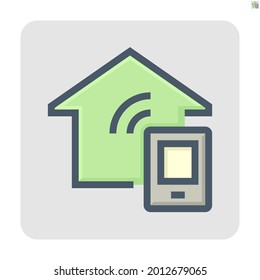 Smart home or home automation vector icon. Include mobile phone or smartphone. That device or remote to control system, electricity i.e. thermostat, temperature, energy, light and security. 48x48 px.
