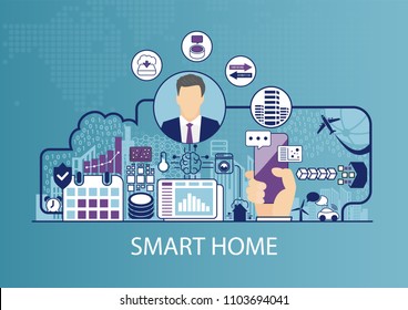 Smart home automation vector illustration with business man and icons.
