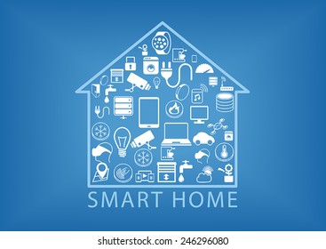 Smart home automation as vector illustration showing various devices like smart phones, sensors, smart thermostats, appliances within a simplified home icon