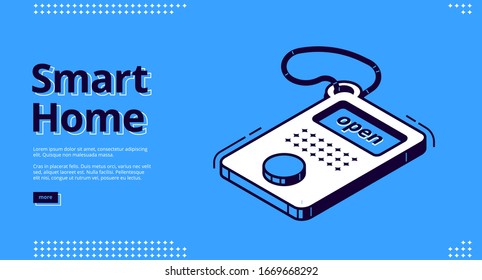 Afiche casero inteligente. Internet de cosas concepto de tecnología. Página de inicio del vector del sistema de control de la casa con un icono isométrico del mando a distancia en fondo azul