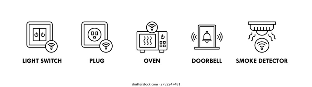 Concepto de ilustración de icono de Web de Anuncio inteligente para el hogar con icono de interruptor de luz, enchufe, horno, timbre, detector de humo