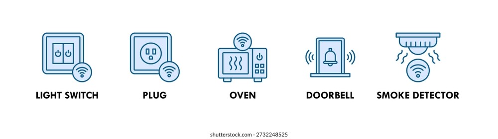 Concepto de ilustración de icono de Web de Anuncio inteligente para el hogar con icono de interruptor de luz, enchufe, horno, timbre, detector de humo