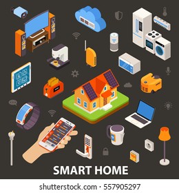 Smart home best automatic electronic devices choice with remote control in owners hand  isometric poster vector illustration 