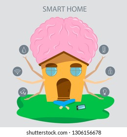Smart home with big mind in flat style. Technology icons and design elements.