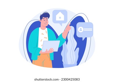 Smart home blue concept with people scene in the flat cartoon style. Man controls his smart home using a laptop. Vector illustration.