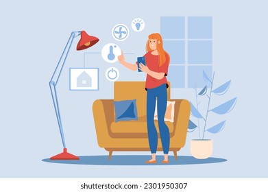 Smart home blue concept with people scene in the flat cartoon design. Girl controls her smart home using her phone. Vector illustration.