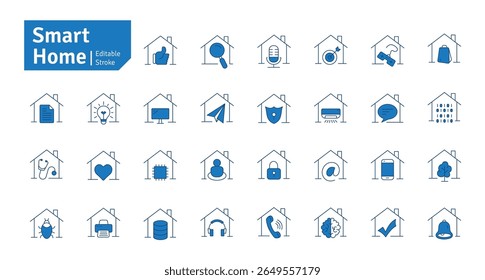 Conjunto de ícones de traçado editável de linha azul do início inteligente. Seguro, Tecnologia, Internet, Assistente de Voz, Controlador, Ar Condicionado e muito mais. Ícone de IU definido em um design plano. Ilustração do vetor de ícones de estrutura de tópicos.