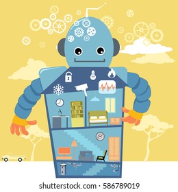 Smart home. Building looking like a robot with control icons, EPS 8 vector illustration