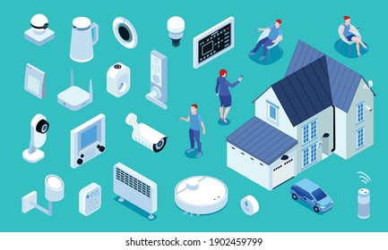 Smart Home Building Owners Appliances Devices Heating Security Camera Garage Master Panel Isometric Set Background Vector Illustration