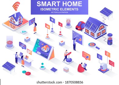 Smart home bundle of isometric elements. Solar power generation, air conditioning, automation, control and monitoring system isolated icons. Isometric vector illustration kit with people characters.