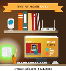 Smart home. CCTV technology system. Living room with sensors, router, camera and lights controlled wifi. Vector flat cartoon illustration