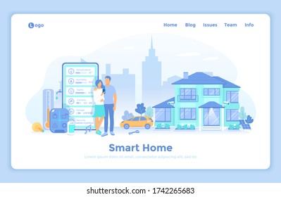 Smart Home with Central Control System. House automation concept, mobile app. The couple monitors indicators of security, thermostat, lighting in the house through the phone. landing web page design 
